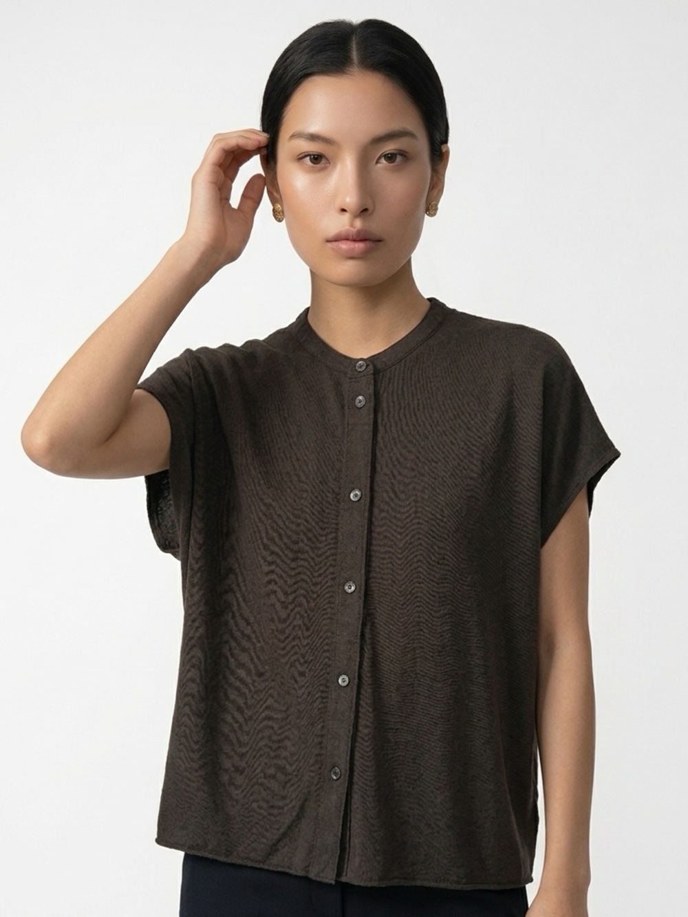 Billy Reid Women’s XS Oversized Brown Linen Fall Blouse Banded Collar 2 4 6 8